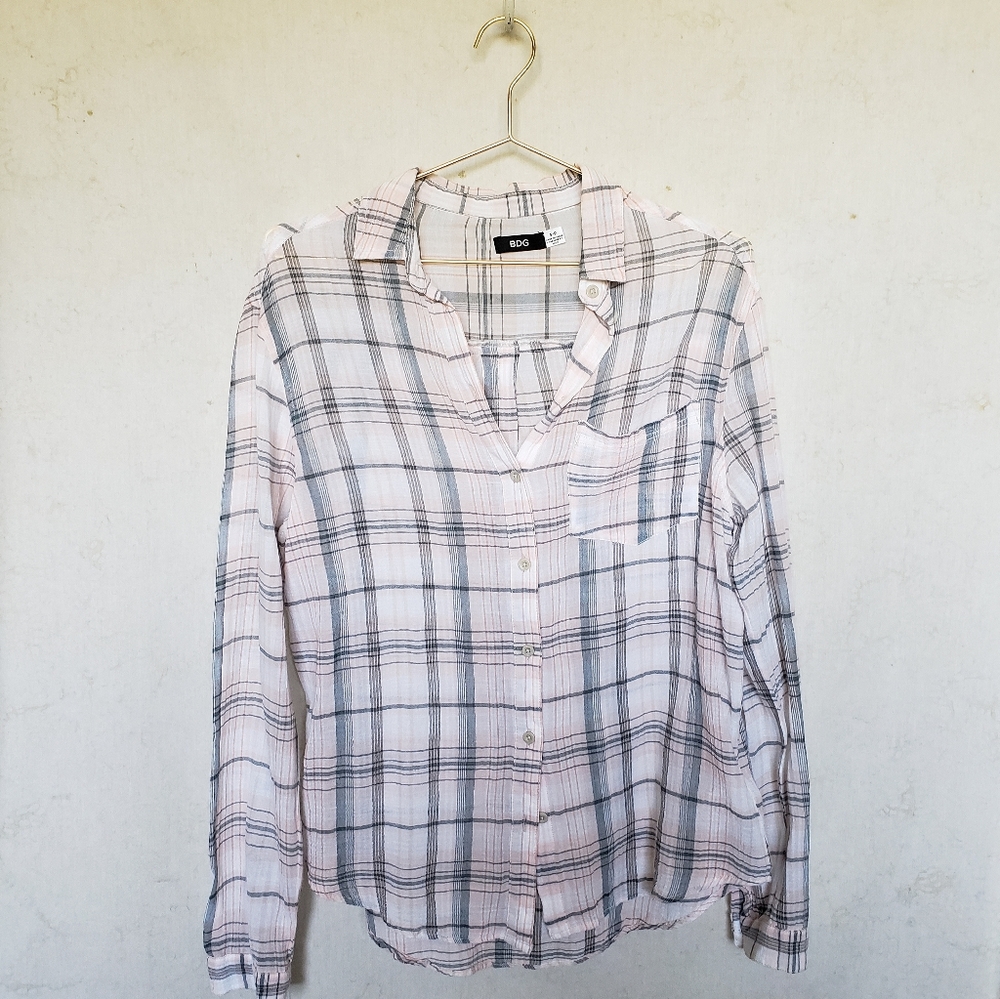 UO peach/gray plaid sheer summer button-down shirt